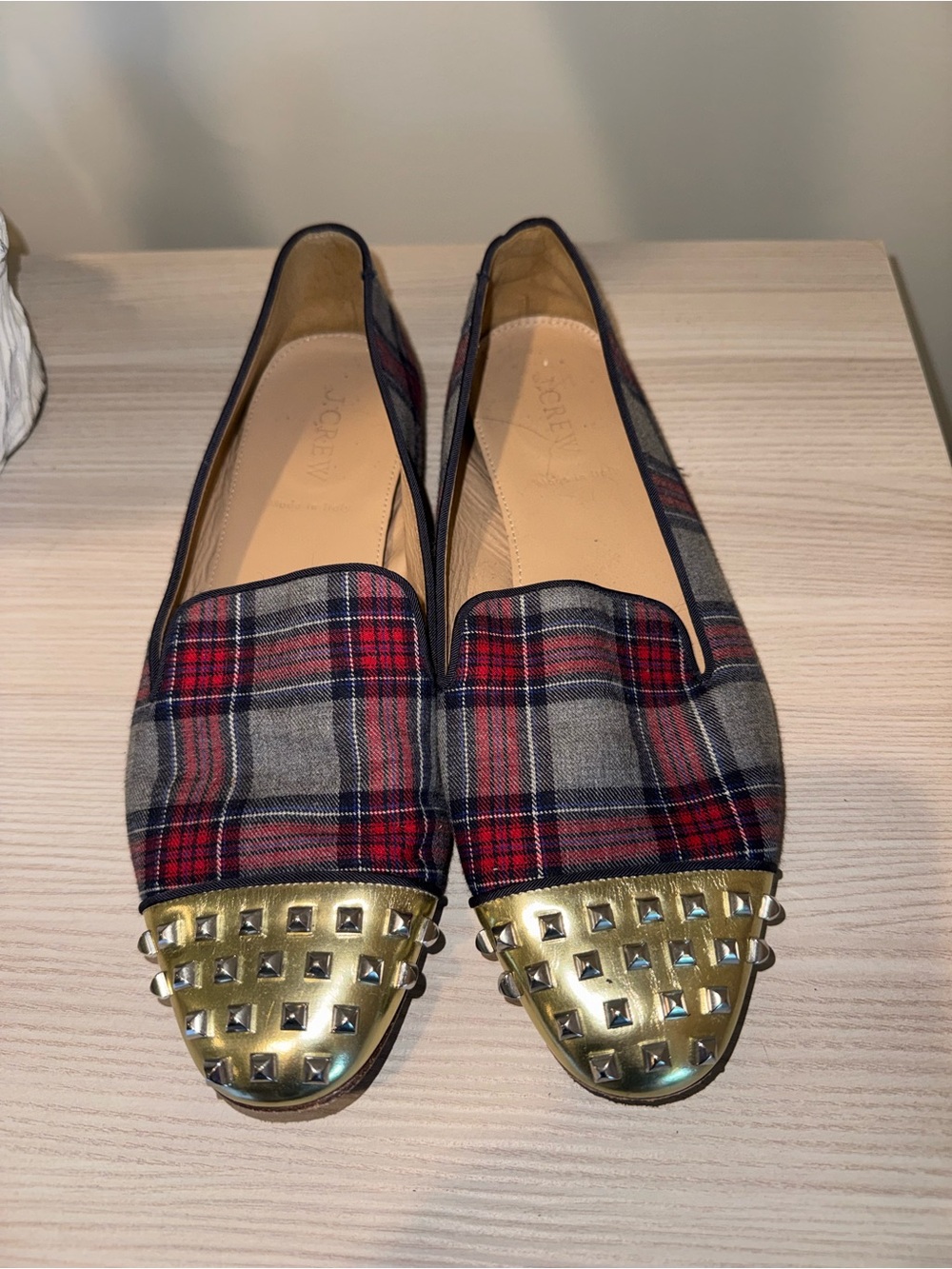 J. Crew Plaid Studded Cap-Toe Flats - Red, Gray, Gold